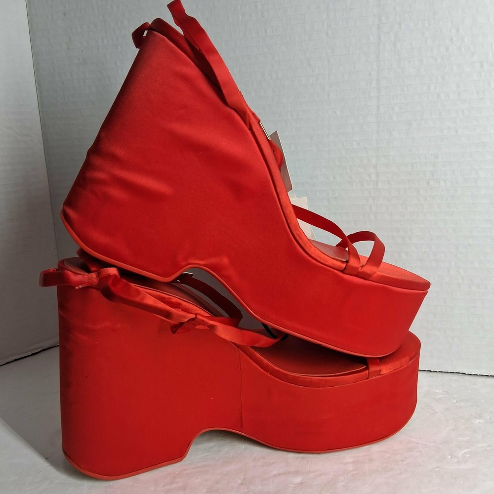 Zara Chunky Satin Platform Sandals Red Wedge Thin Strap Y2K Glamour 9 US 40 EU